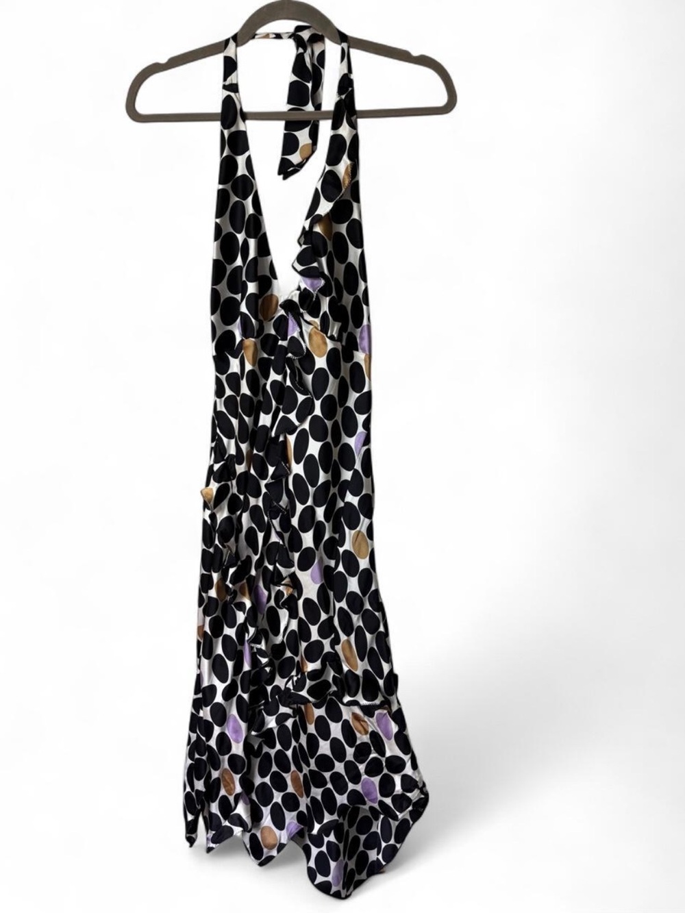 Poleci 100% Silk Polka Dot Ruffle Halter Dress Size 4 y2k party 2000s dress EUC